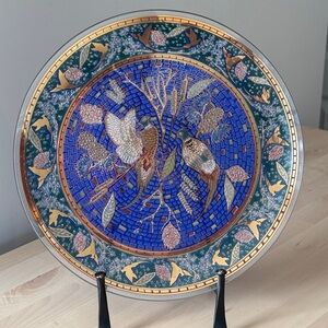 Vintage Houze Art Glass Mosaic Plate w/ Pheasants & Gold Trim